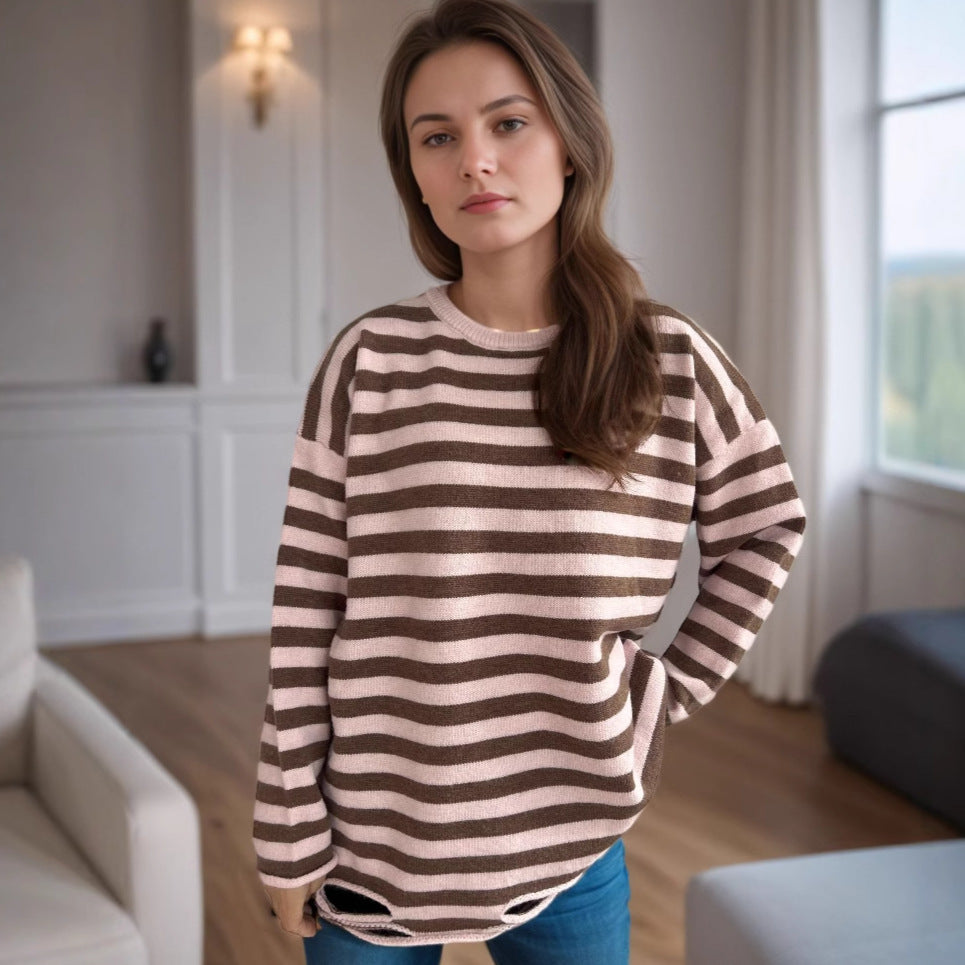 Damen Oversized-Pullover Gestrickt Lässiges Streifenmuster