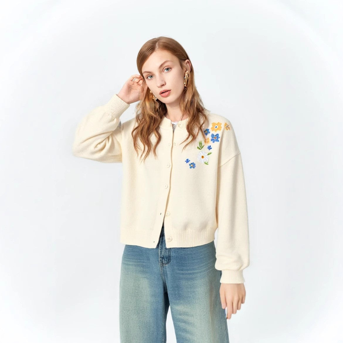 Damen Grobstrickpullover Floral Rückendetail Lockeres Design
