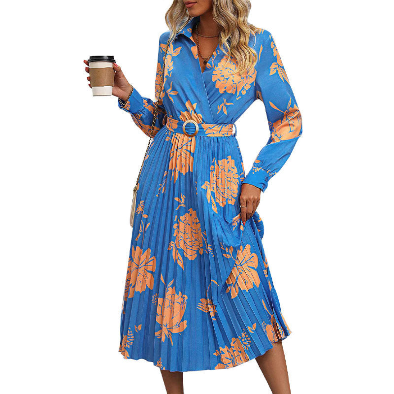 Damen Maxikleid Blumenmuster Taillengürtel Eveloria