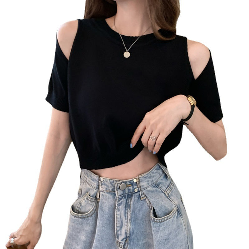 Damen Cropped Schulterfrei Modernes Strickmuster