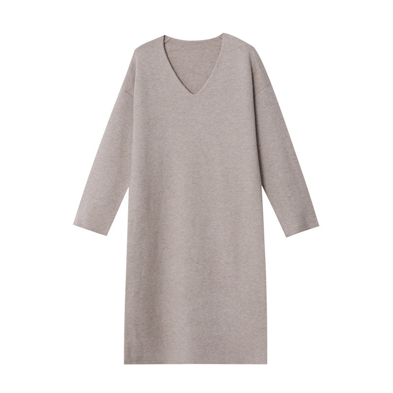 Damen Strickkleid V-Ausschnitt Ärmelaufschläge Elegant