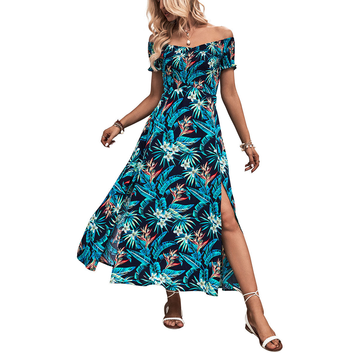 Damen Maxikleid Schulterfrei Floralmuster Luftig Eveloria