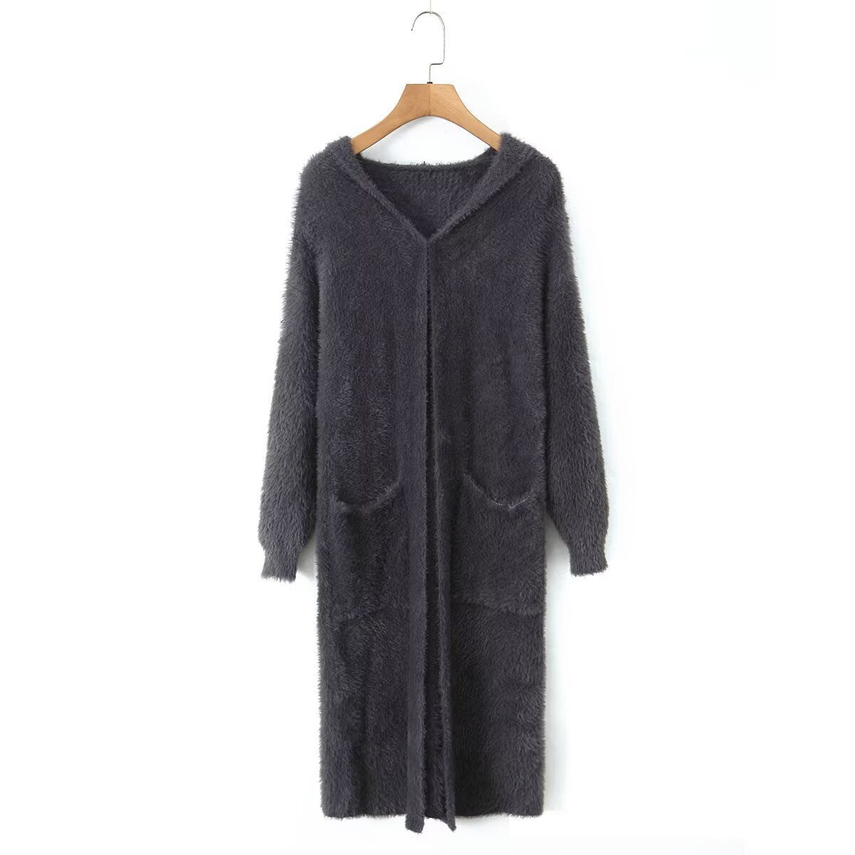 Damen Langstrickmantel mit Kapuze und Taschen Eveloria