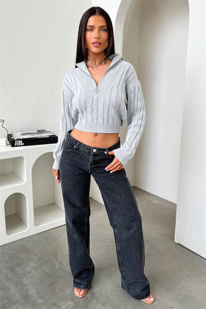 Damen Cropped Pullover mit Reißverschluss und Strickdetails Eveloria