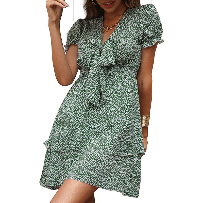 Damen Kurzarmkleid mit Rüschendetails und Schleifen Eveloria