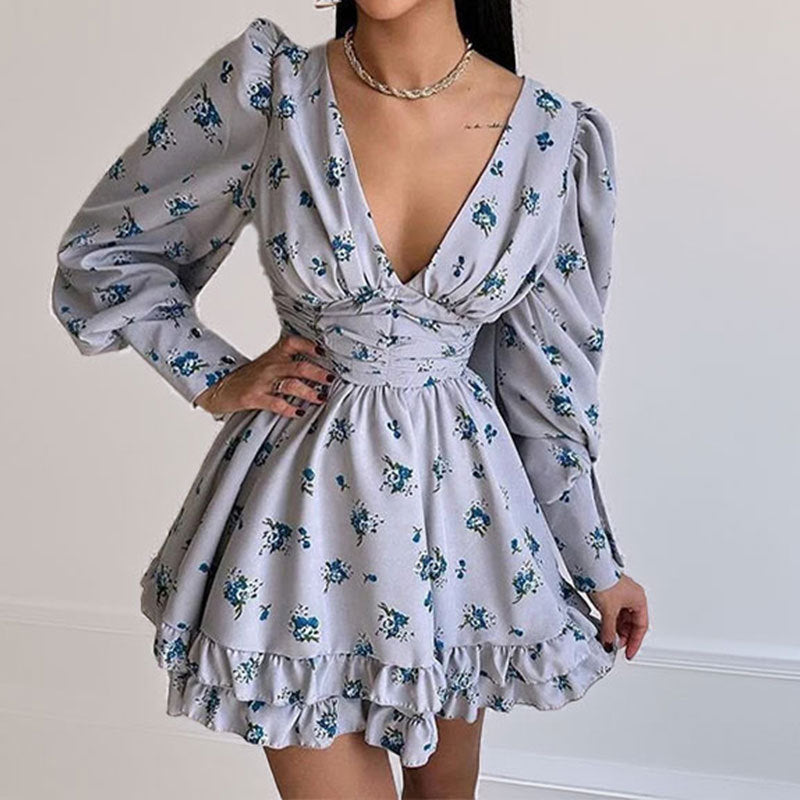 Damen Blumenkleid Voluminöse Ärmel Geraffter Rock Eveloria