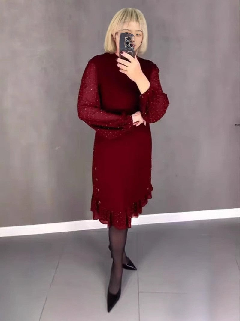 Damen Kleid Voluminöse Ärmel Durchbrochener Saum Eveloria
