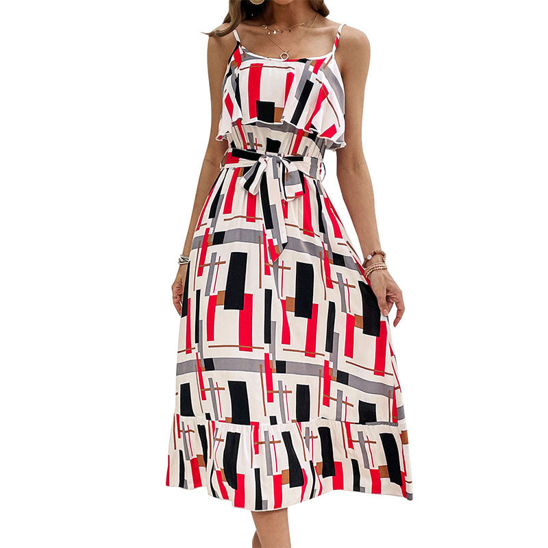 Damen Midi-Kleid Grafisches Design Taillengürtel Eveloria