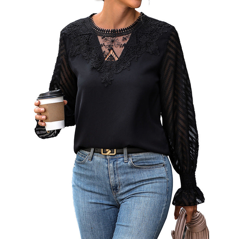 Damen Bluse Spitze Ärmel Elegant Weiße Eveloria