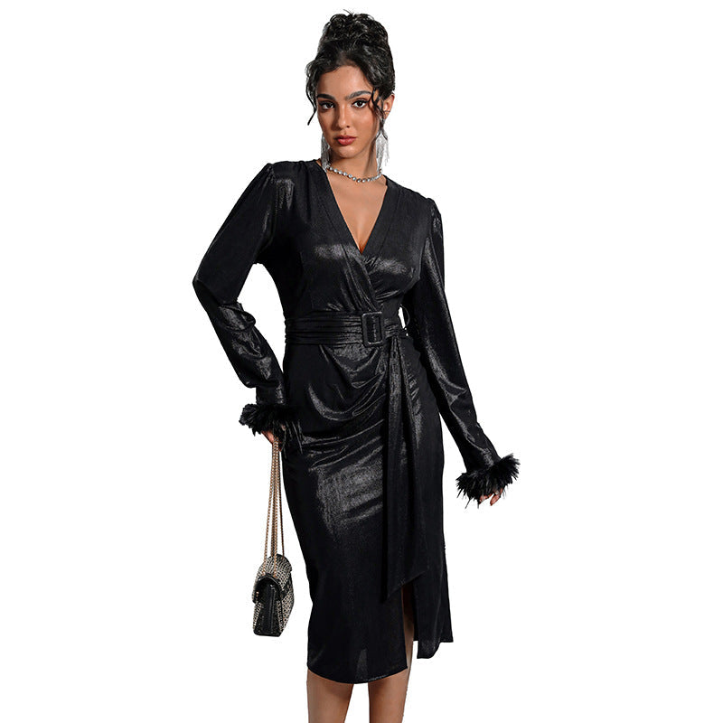 Damen Wickelkleid Rüschendetails Taillengürtel Elegantes Kleid