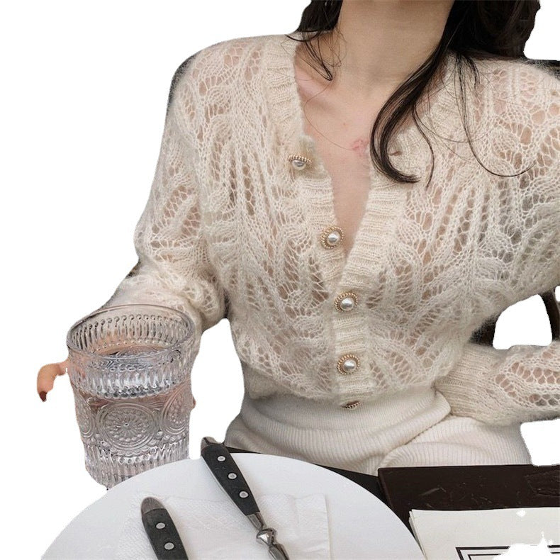Damen Strickjacke Lochmuster Perlenknöpfe Eveloria