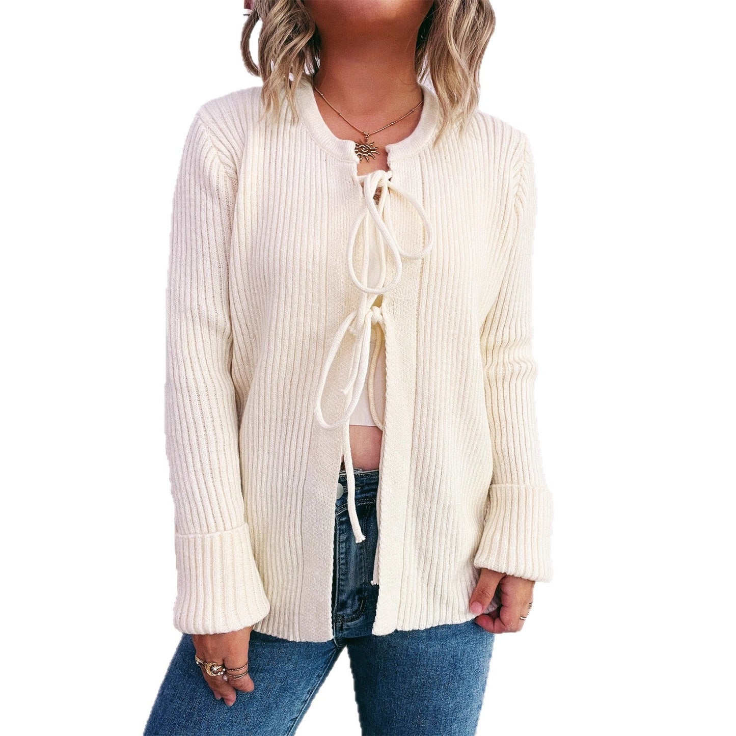 Damen Strickjacke mit Kordelzug und breiten Ärmeln