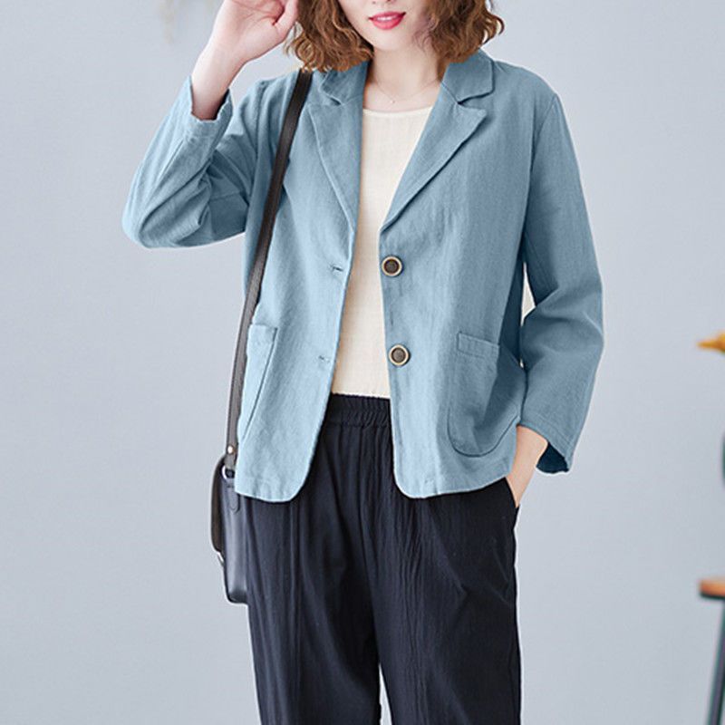 Damen Leinenblazer Lässig Kontrastknöpfe Beige