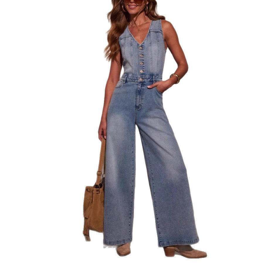 Damen Denim-Jumpsuit Hochbund Mit Knöpfen Blau