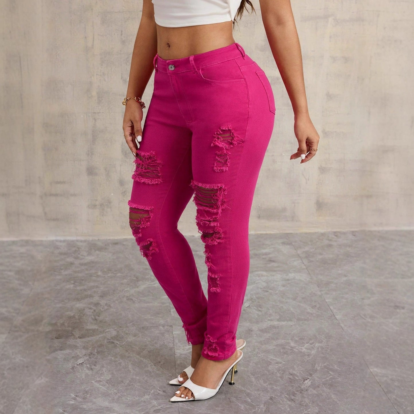 Damen Skinny Jeans Destroyed Hochbund Dunkelblau Eveloria