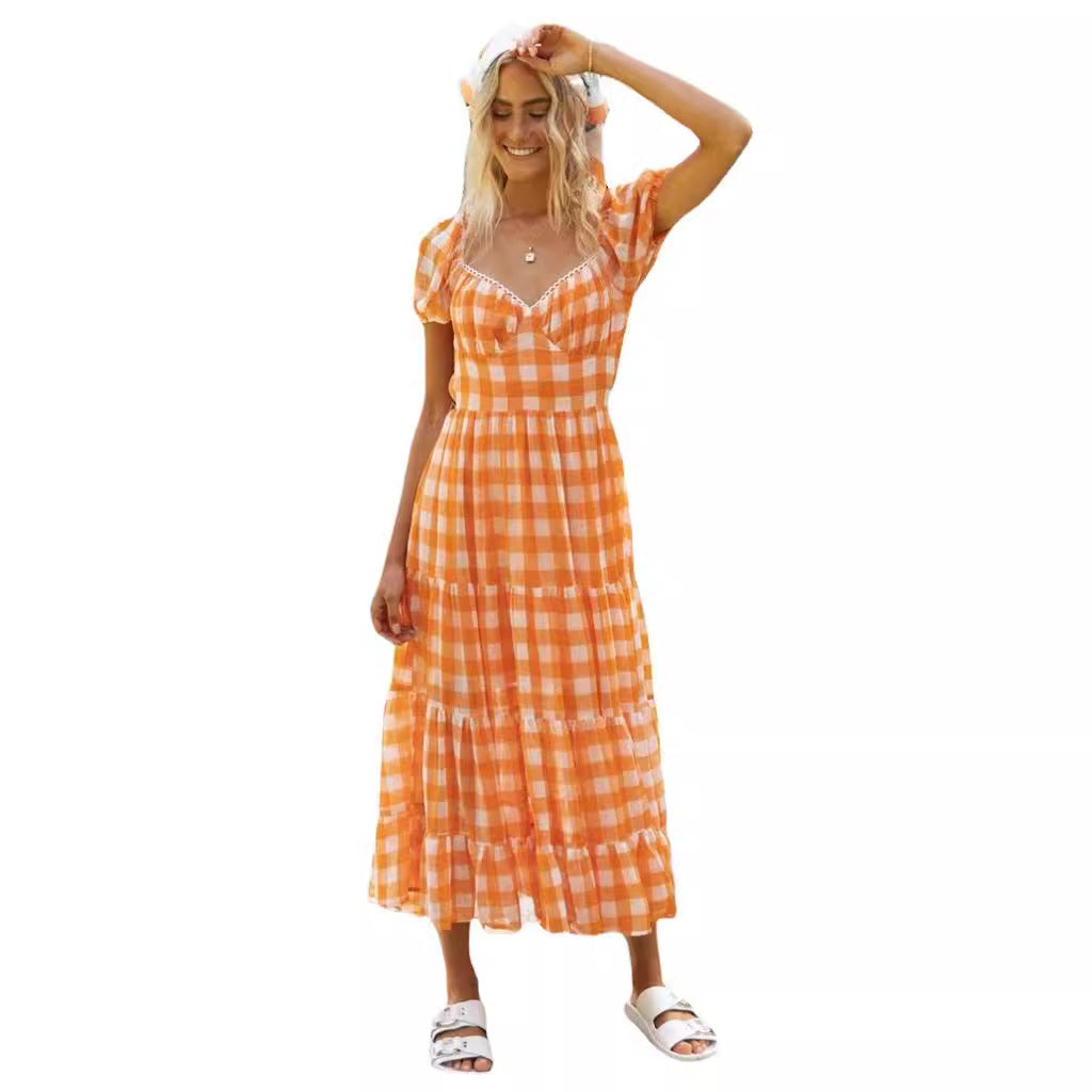 Damen Maxi-Kleid V-Rücken Rüschen Karomuster