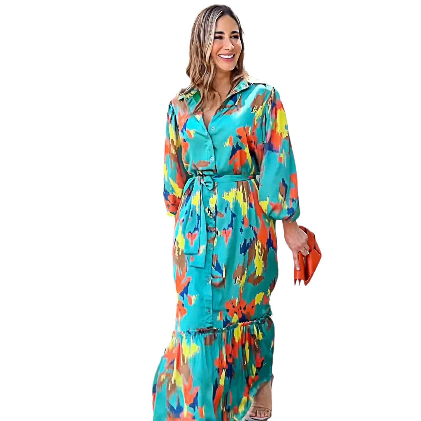Damen Maxikleid Farbenfroh Voluminöse Ärmel Eveloria