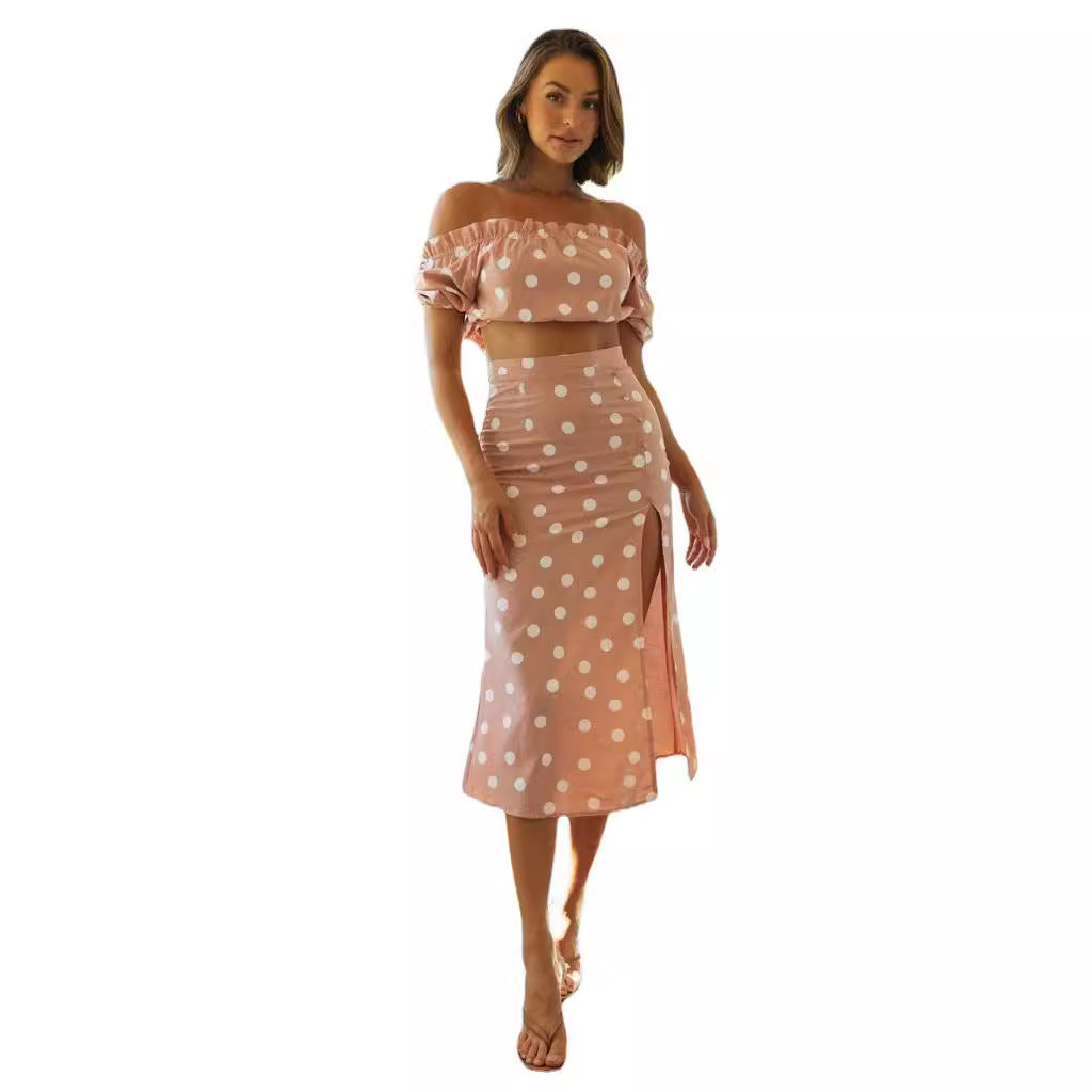 Damen Off-Shoulder Crop- Set Polka-Dots
