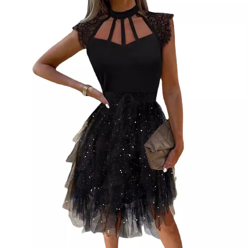 Damen Cocktailkleid Spitze Glitzernd Tüll Eveloria