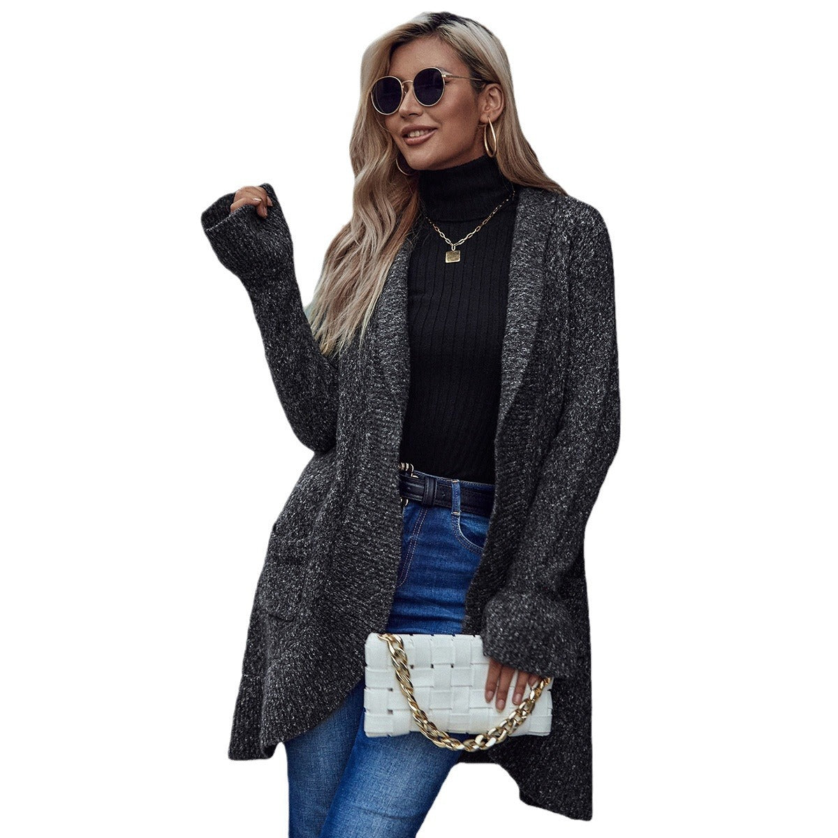 Damen Strickcardigan Offener Schnitt Praktische Taschen Beige