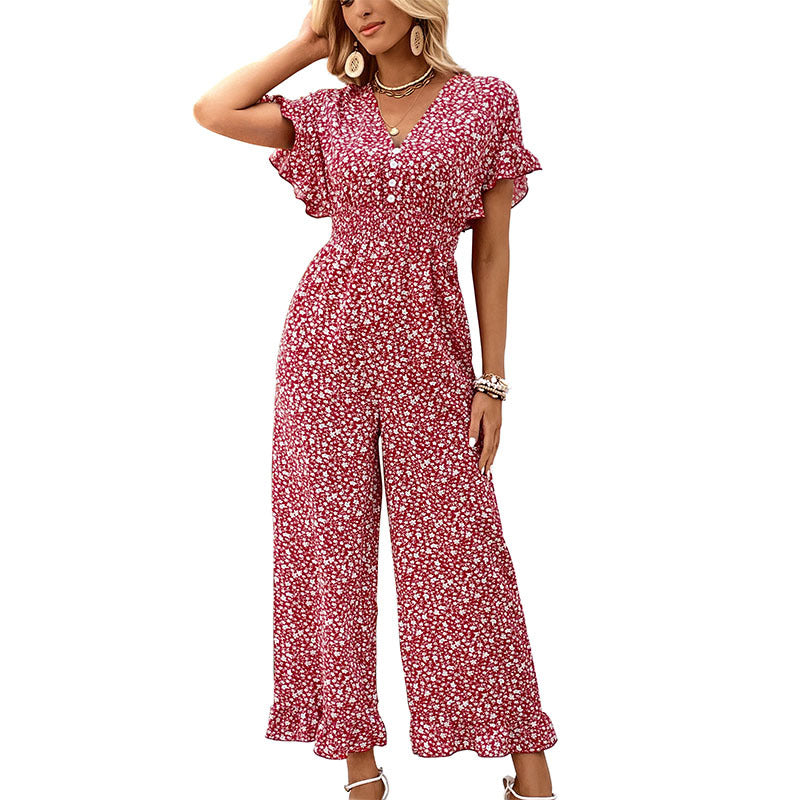 Damen Jumpsuit Floralmuster RüschenDetails Bequem