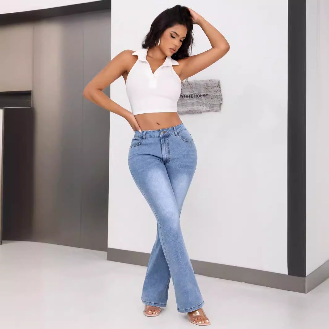 Damen Bootcut Jeans Hochbund Ausgefallenes Design Eveloria
