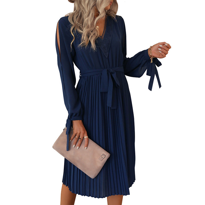 Damen Wickelkleid Midi Elegant Rüschen Taillenknoten Eveloria