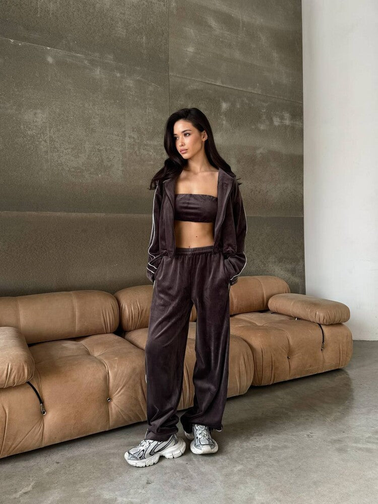 Damen Velours Loungewear Set Cropped Oberteil Weite Hose