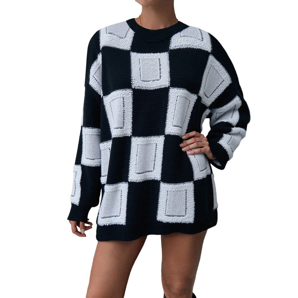 Damen Oversized Pullover Geometrisches Muster Elastisch Grau