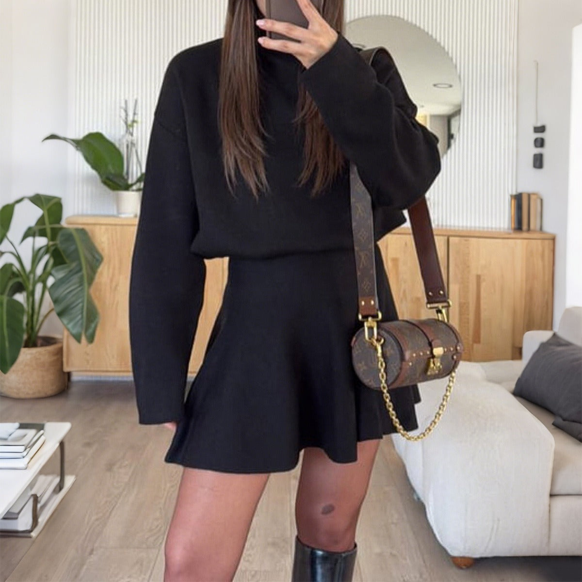 Damen Strickkleid mit Kapuze Grau