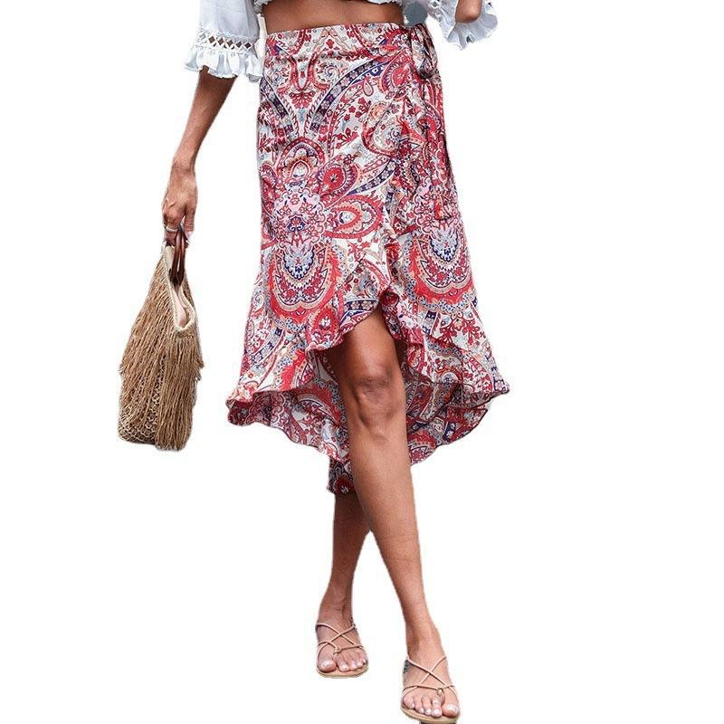 Damen Asymmetrischer Wickelrock Floralmuster Taillenzug