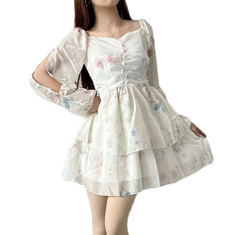 Damen Blumenkleid Sommer Puffy-Ärmel Eveloria
