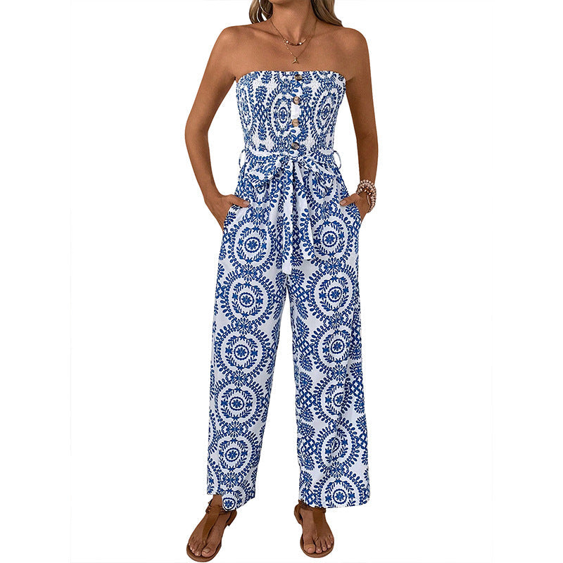 Damen Jumpsuit Floralmuster Baumwolle Mit Taillengürtel Beige