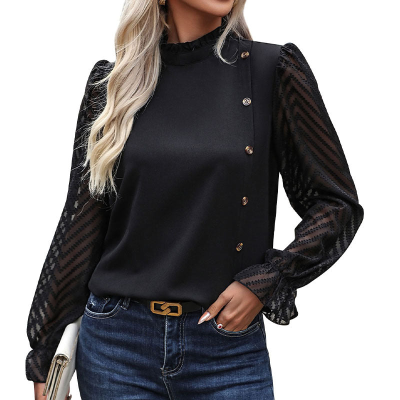Damen Blusenshirt Elegantes Design Transparente Ärmel Weiß