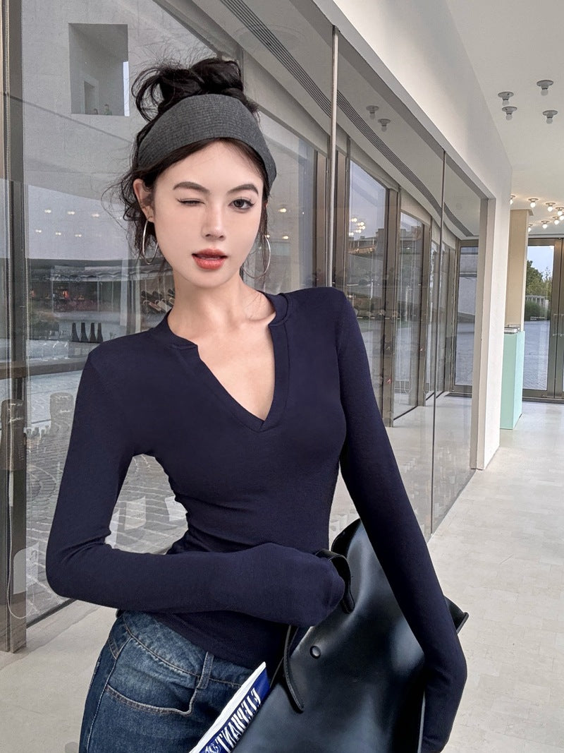 Damen Langarmshirt V-Ausschnitt Figurbetonter Stoff Eveloria
