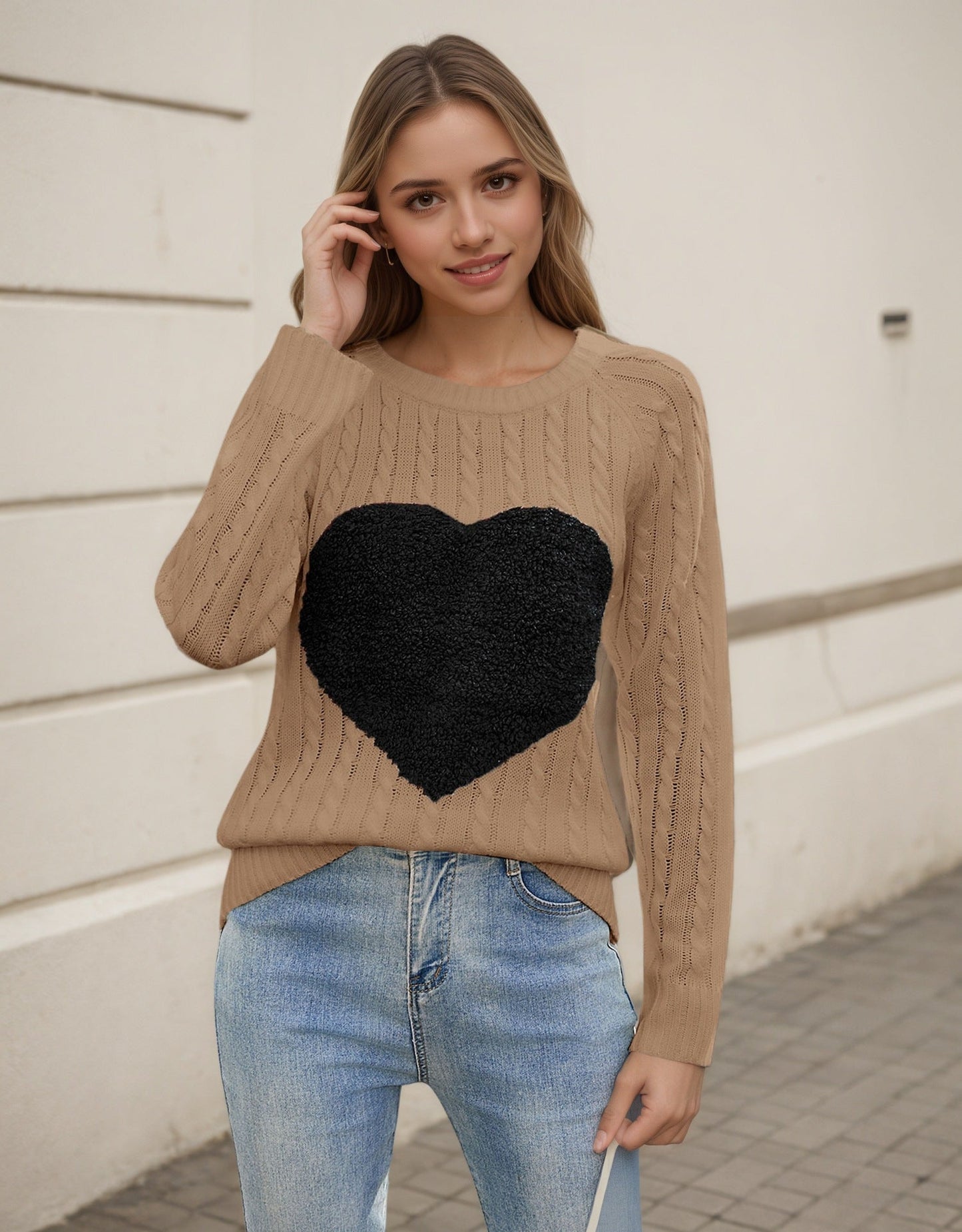 Damen Strickpullover Luftige Maschenstruktur Herz-Applikation