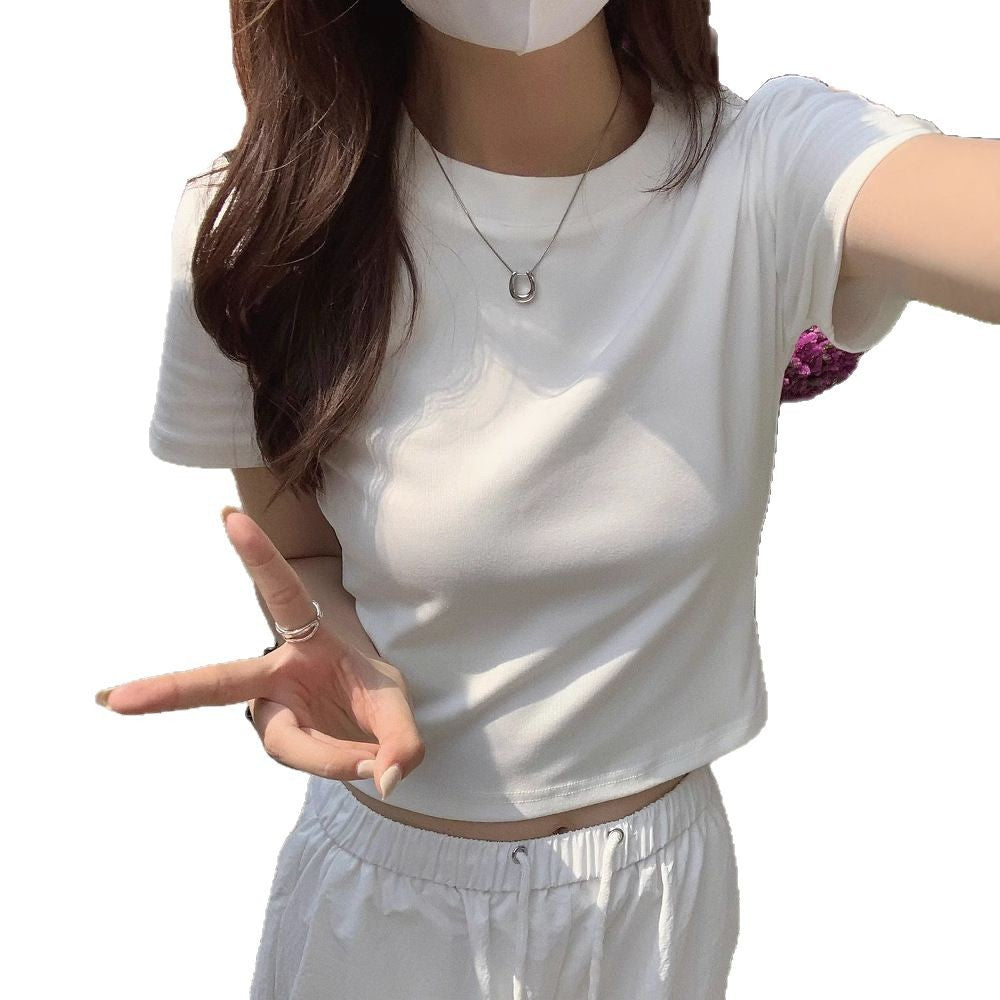 Damen T-Shirt Rundhals Cropped Baumwolle Figurbetont Weiß