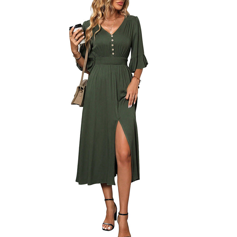 Damen Maxikleid V-Ausschnitt Seitenschlitz Knöpfe Elegant