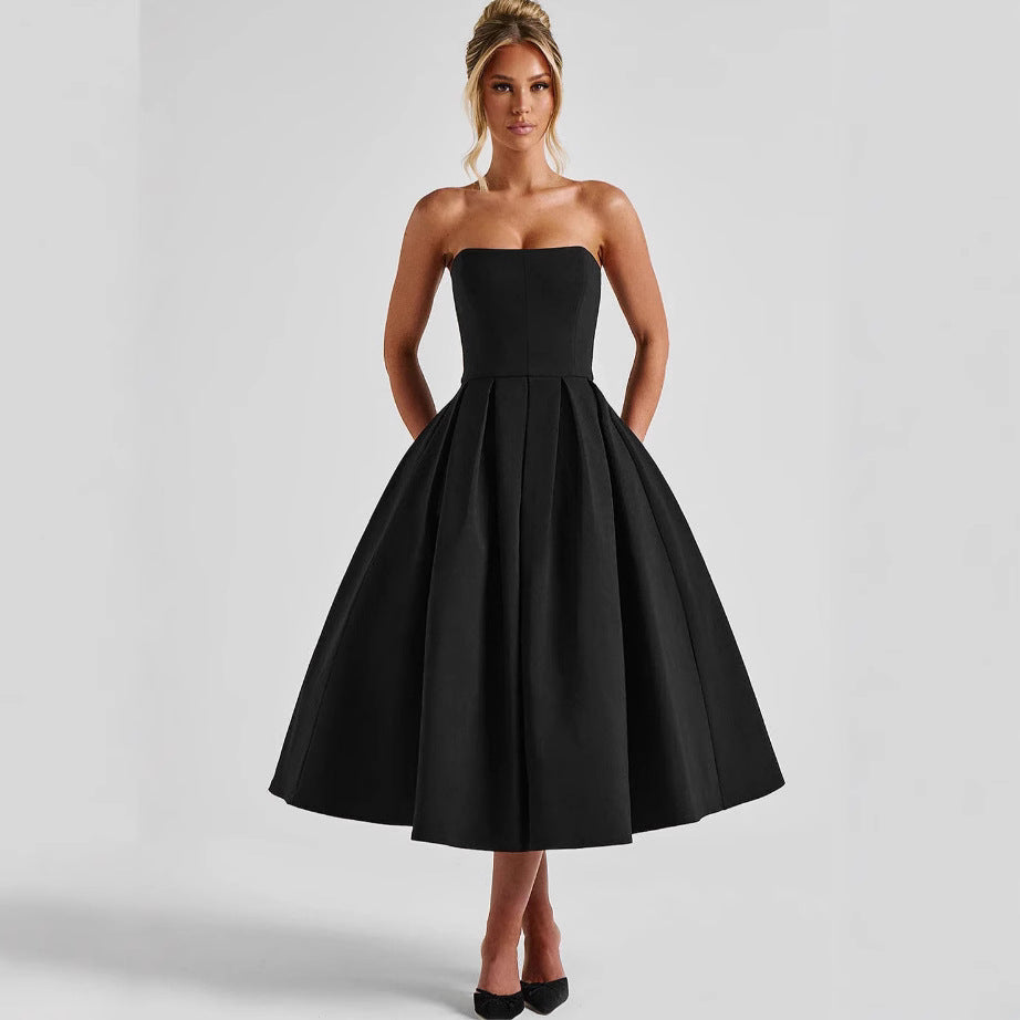 Damen Abendkleid A-Linie tiefes Dekolleté Plissee Eveloria