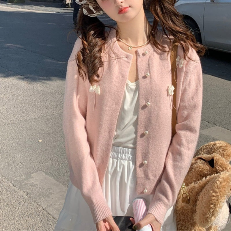 Damen Strickjacke Kawaii mit Schleifen und Perlen