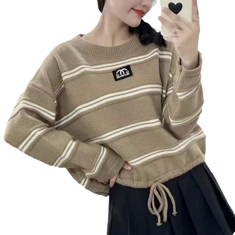 Damen Sweater Gestreift Oversized Kordelzug Beige