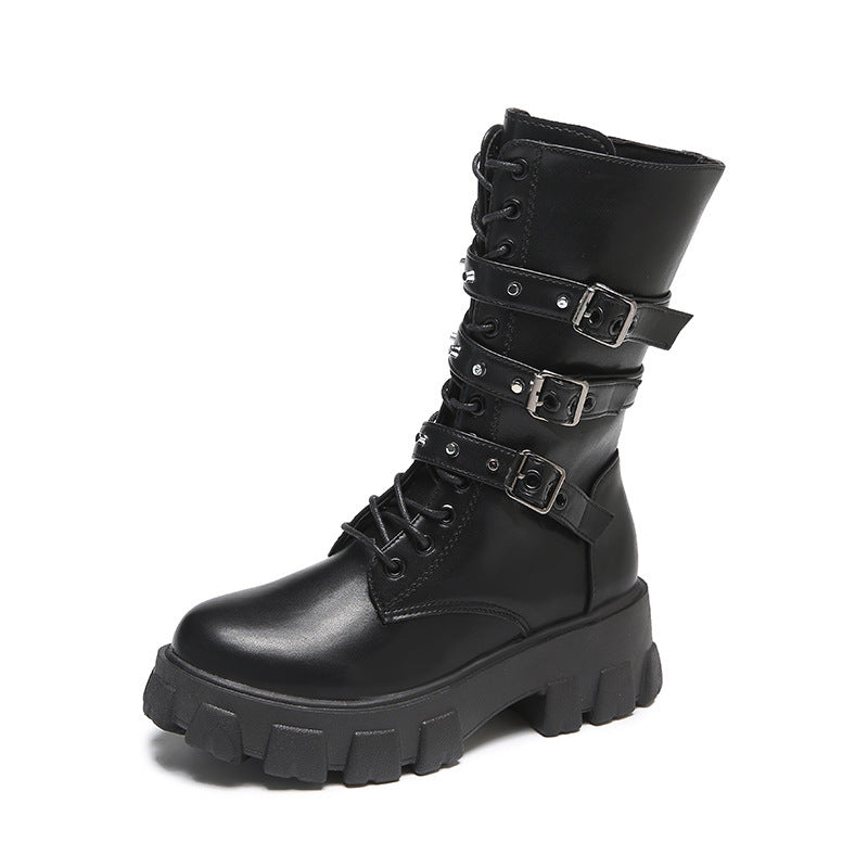Damen High- Schnürstiefel Verstellbarer Riemen Griffige Sohle Eveloria