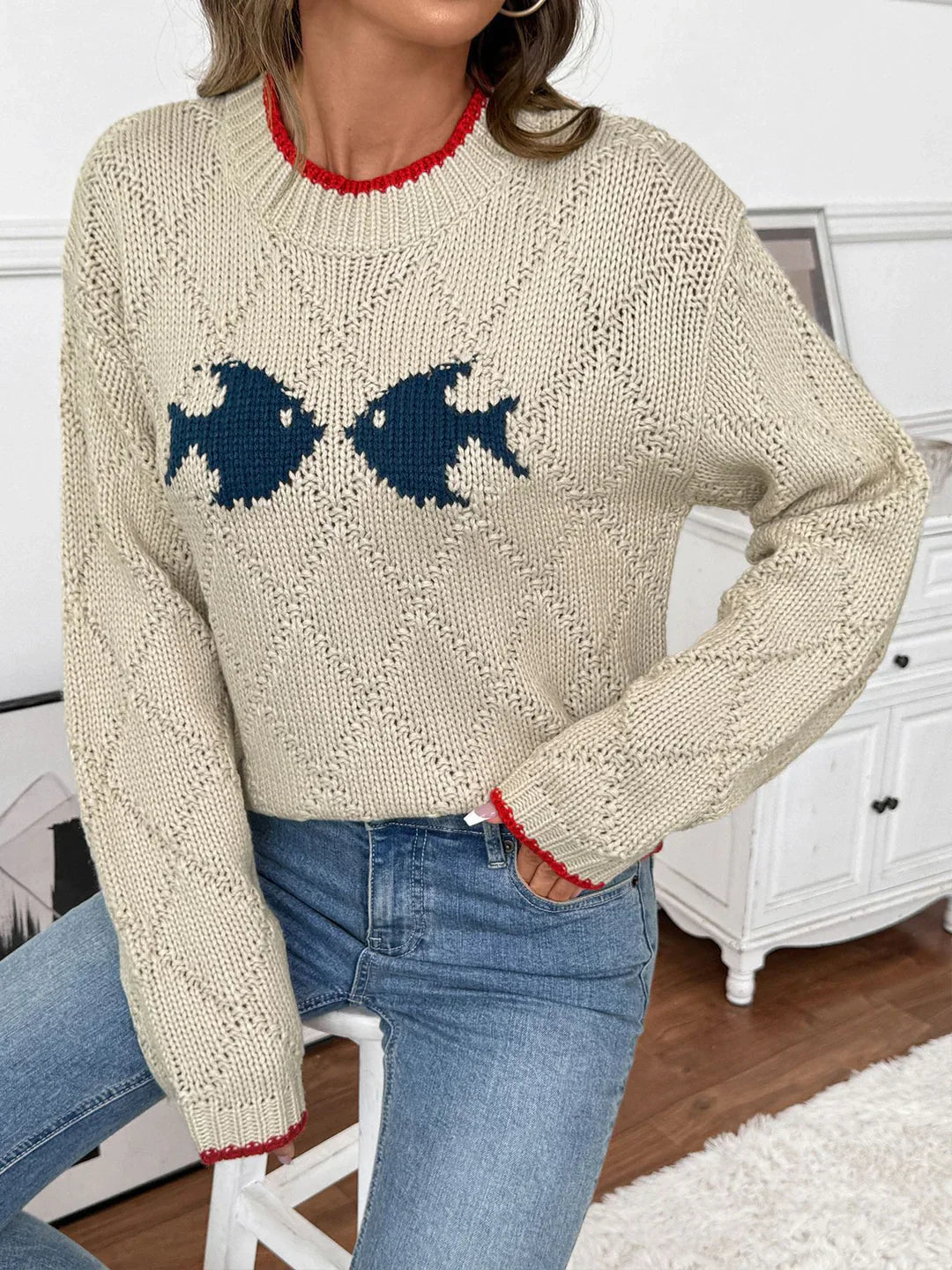 Damen Weihnachtspullover Fischmuster