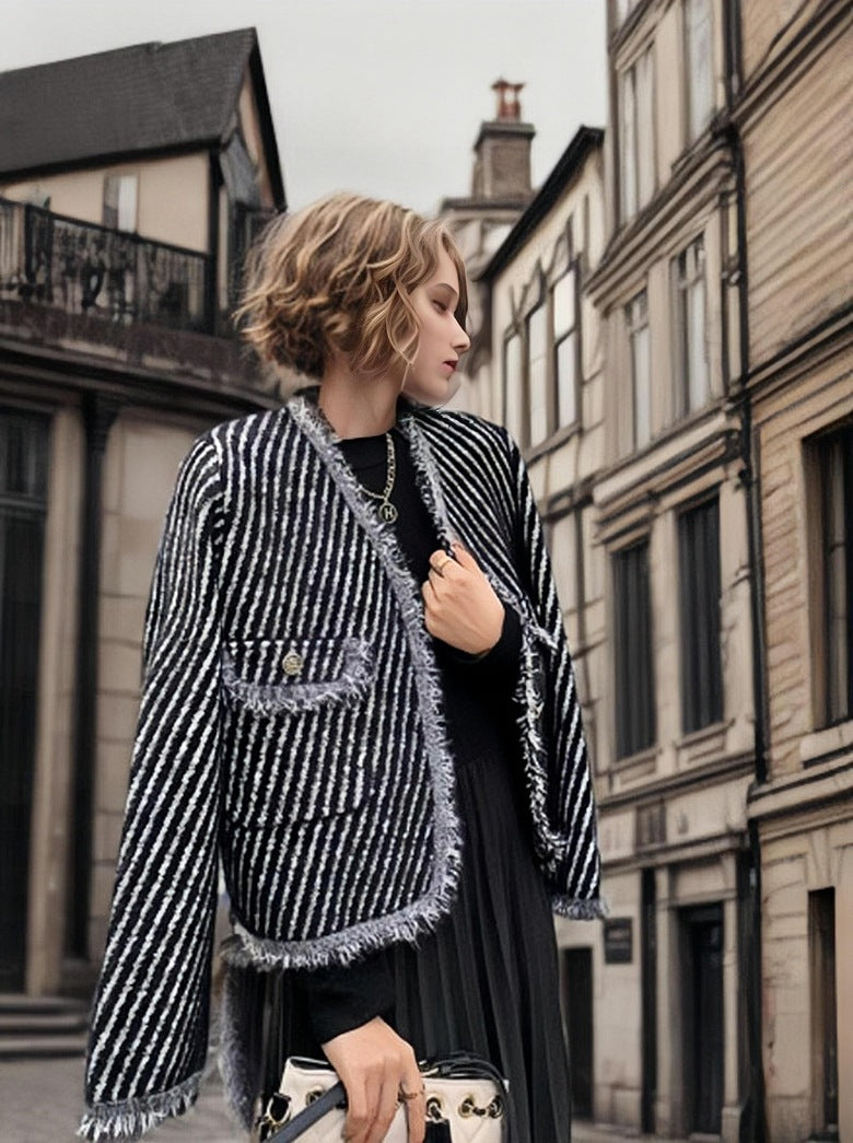 Damen Strickjacke Dekorativ Französische Knöpfe Fransen Braun
