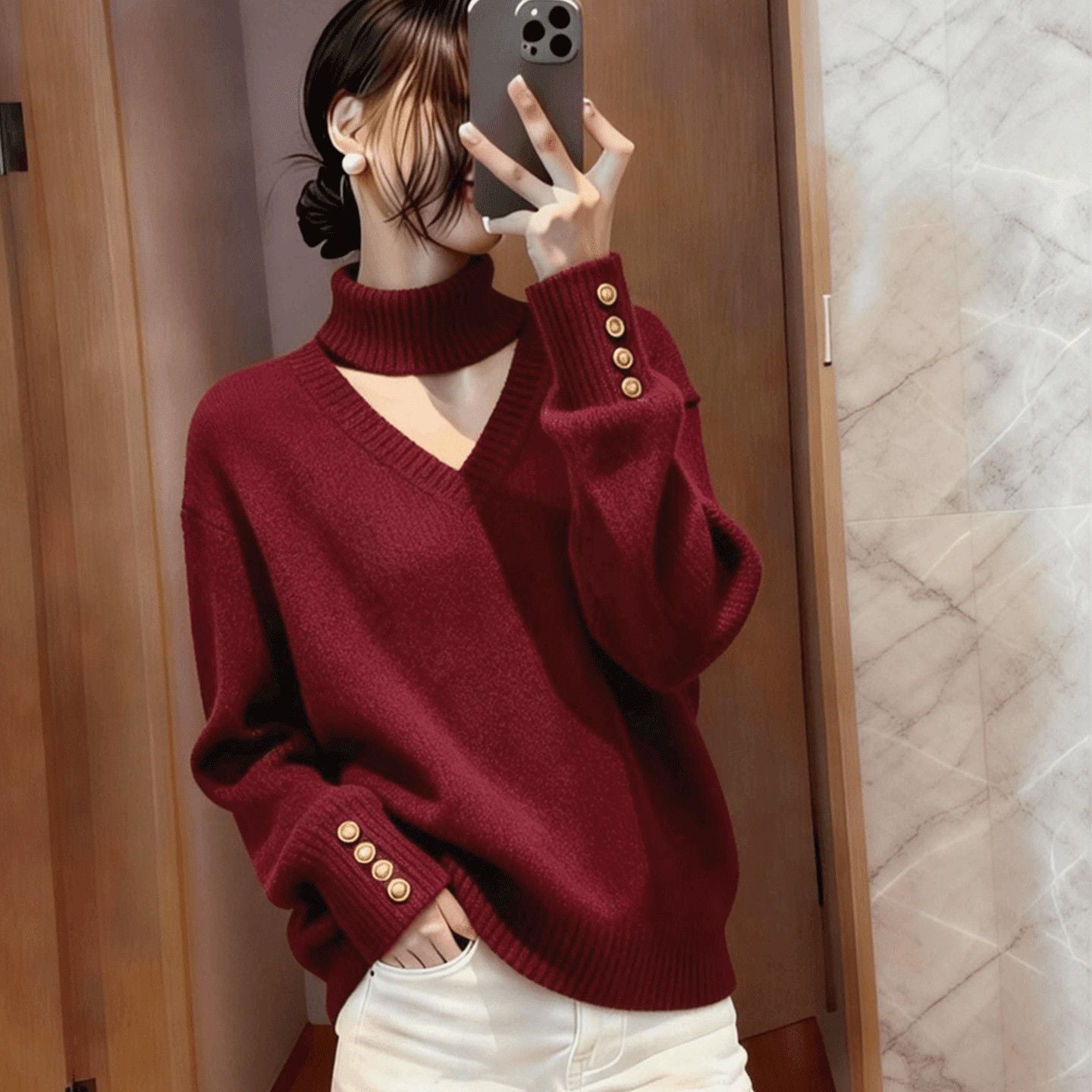Damen Strickpullover Rollkragen Knöpfe Eveloria