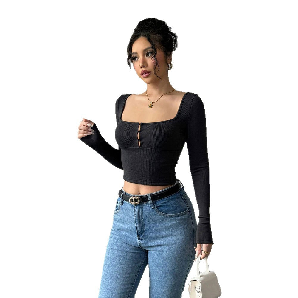 Damen Langarm Crop Knopfverzierung Elegantes Design Eveloria