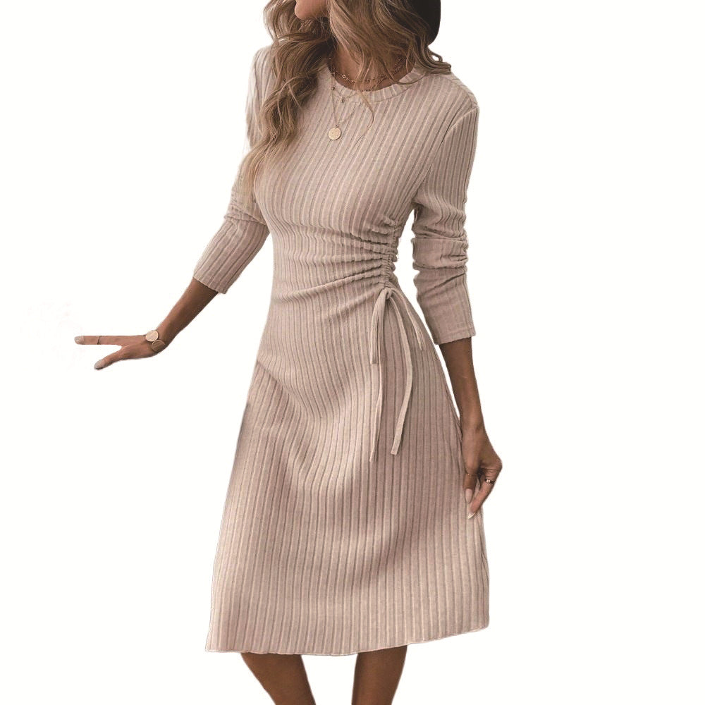 Damen Midikleid Raffungseffekt Bindegurt Eveloria