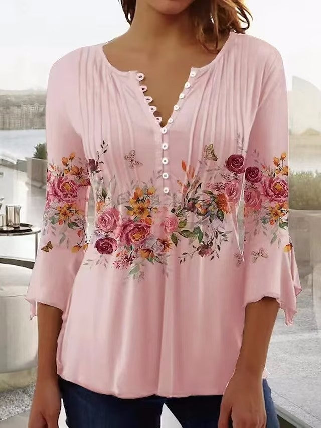 Damen Bluse Floralmuster Knopfdetail