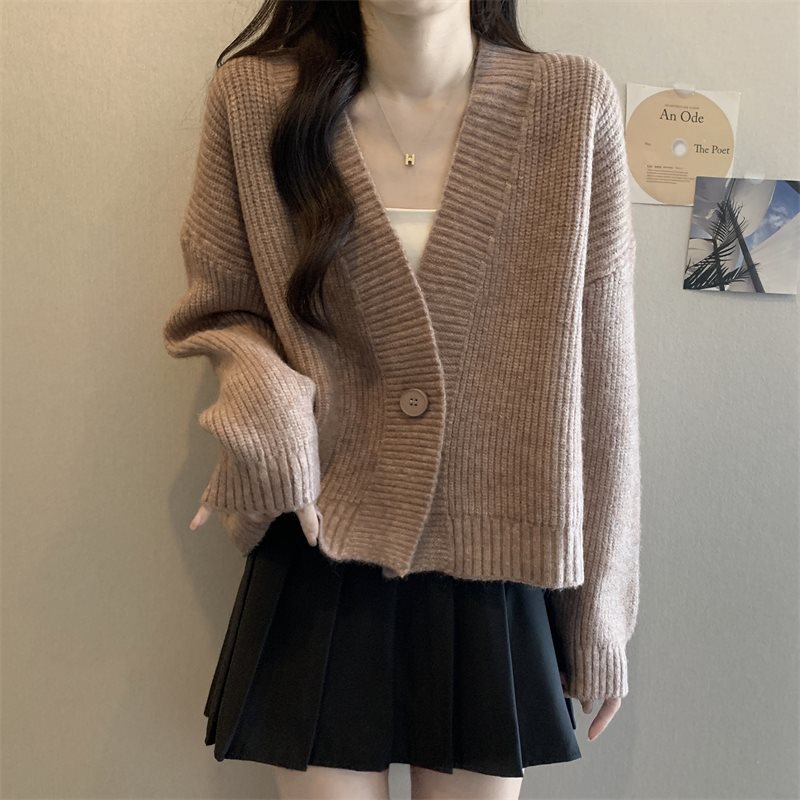Damen Strickjacke V-Ausschnitt Großknöpfe Beige