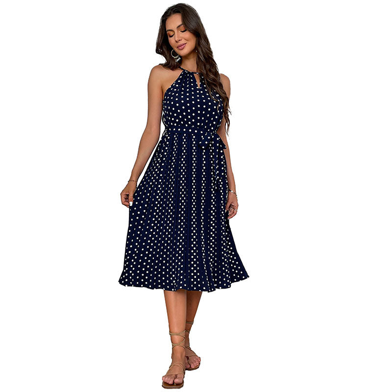 Damen Midikleid mit Punktemuster und Taillengürtel